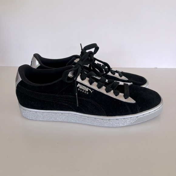 Puma Men's Sneakers Suede Lace Up Classic Metallic Black and Silver Shoe, sz 8.5 - Picture 1 of 12